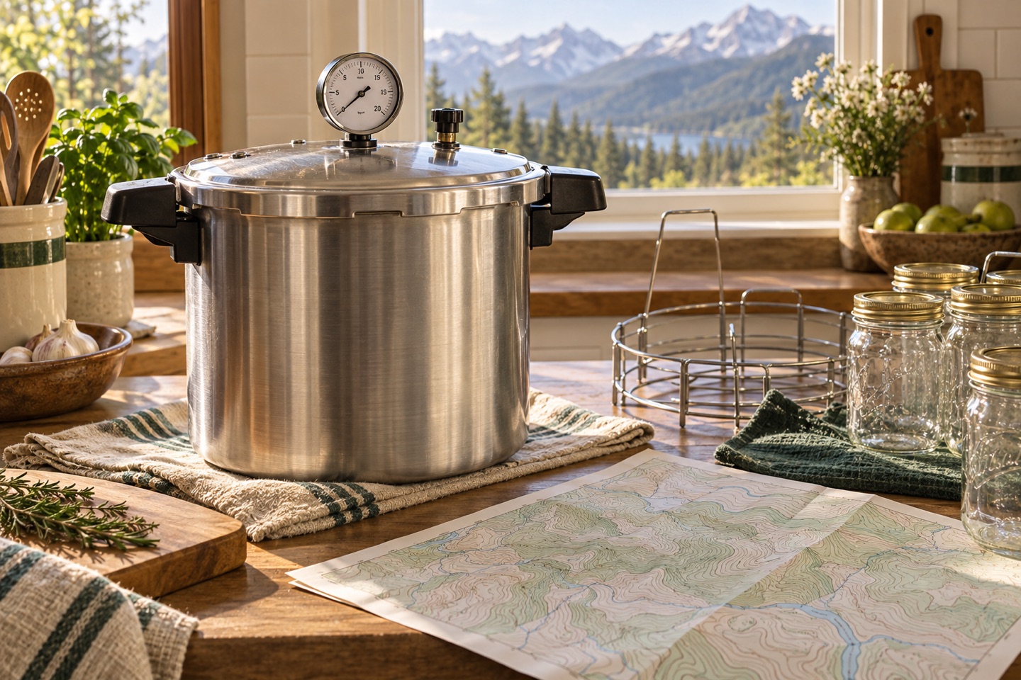 A dial-gauge pressure canner beside clean jars and a topographic map, with mountains beyond the kitchen window.