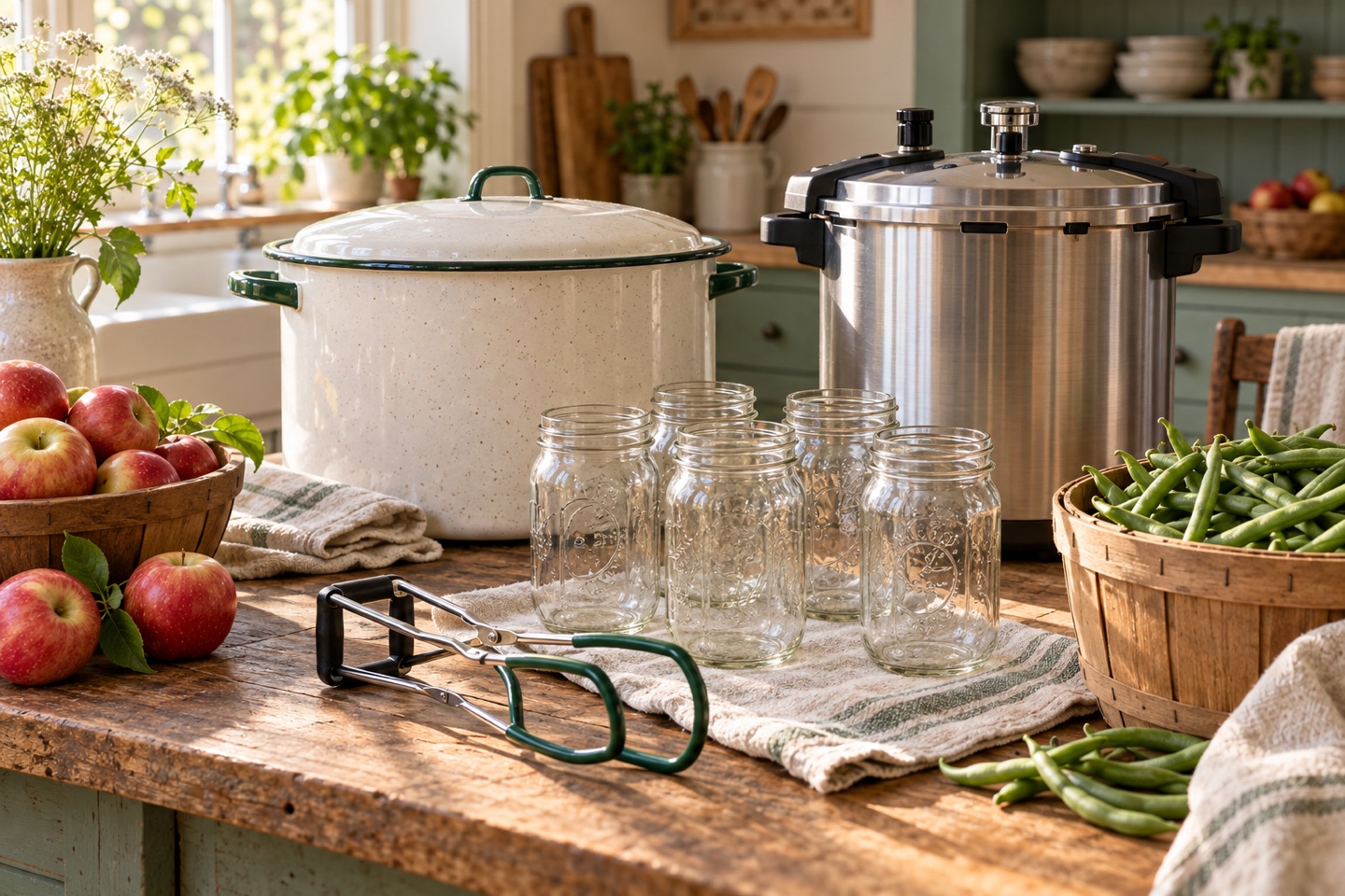 A boiling-water canner and pressure canner beside clean jars, apples, and green beans on a kitchen table.
