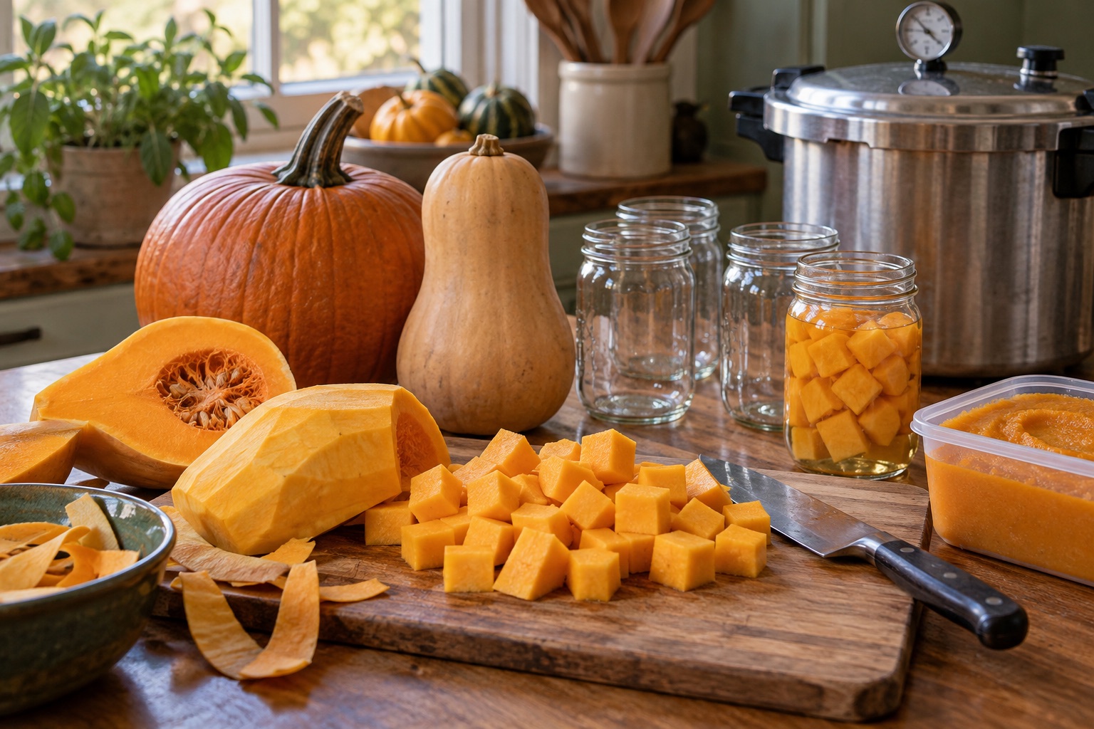 Peeled one-inch winter squash cubes beside clean jars and a pressure canner