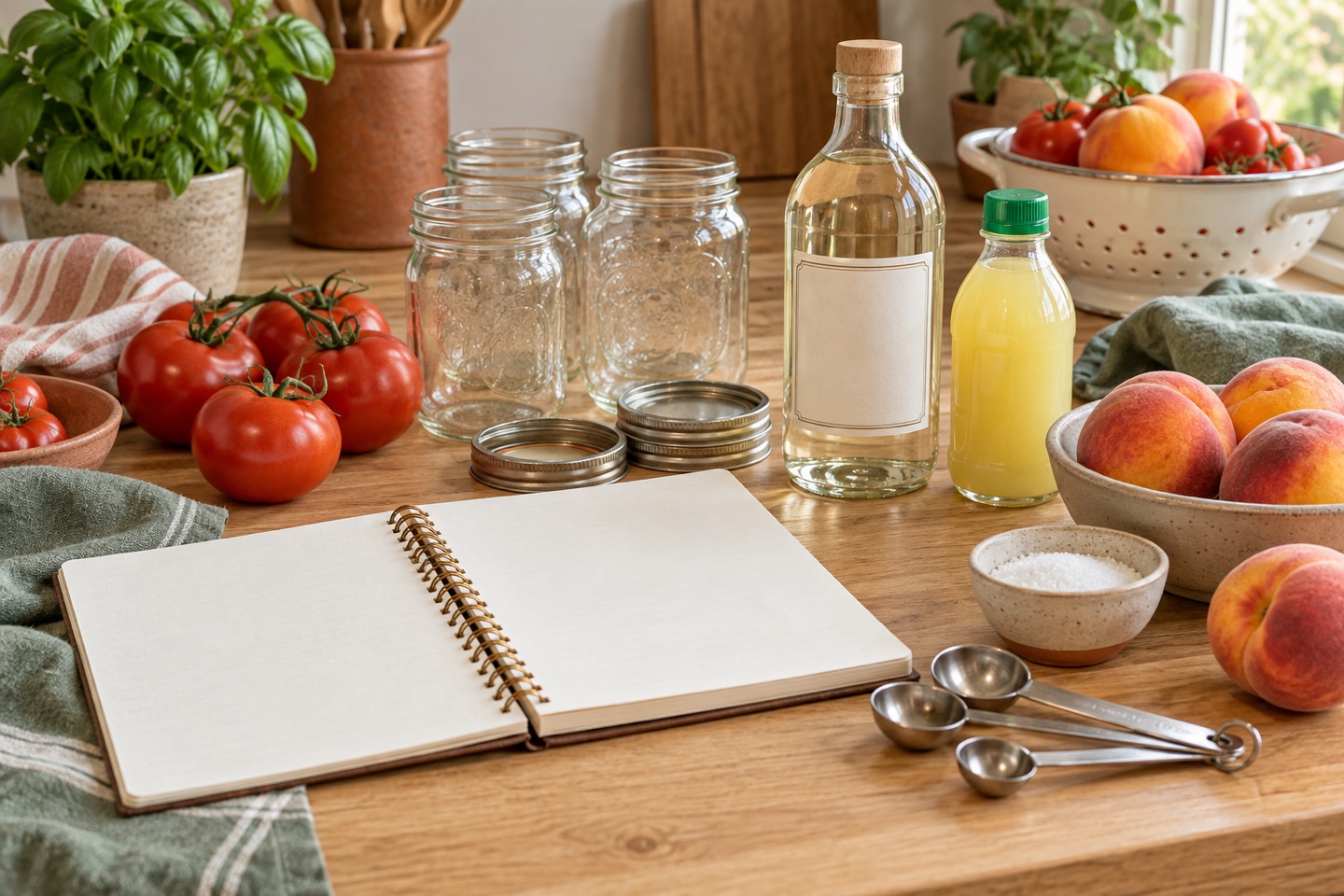 An open recipe notebook with jars, measuring spoons, tomatoes, peaches, vinegar, and bottled lemon juice.
