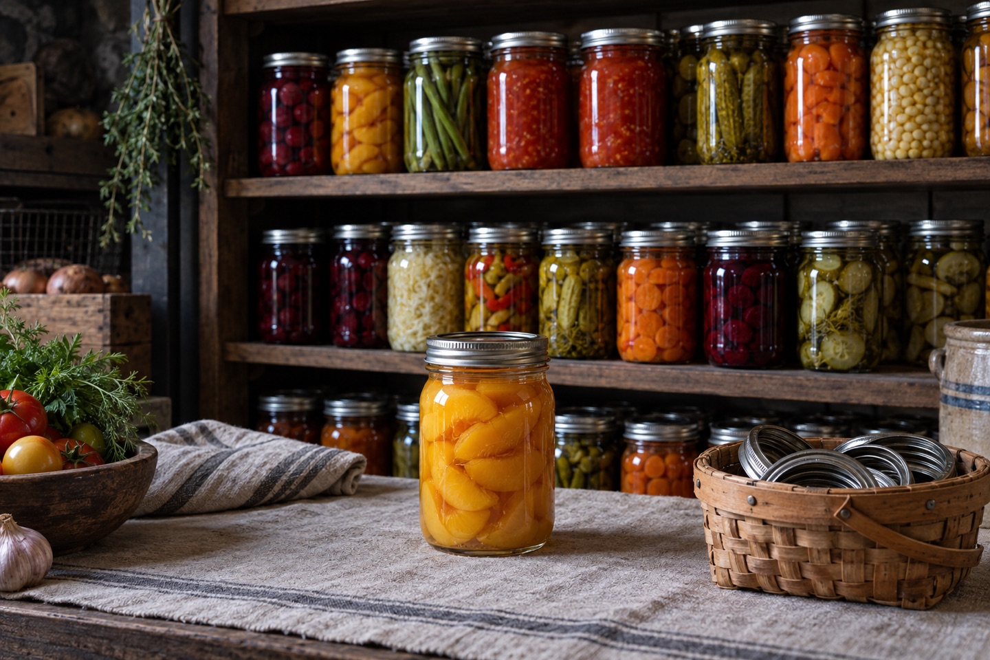 Rows of home-canned food on dark pantry shelves with one sealed jar and loose rings on a worktable.